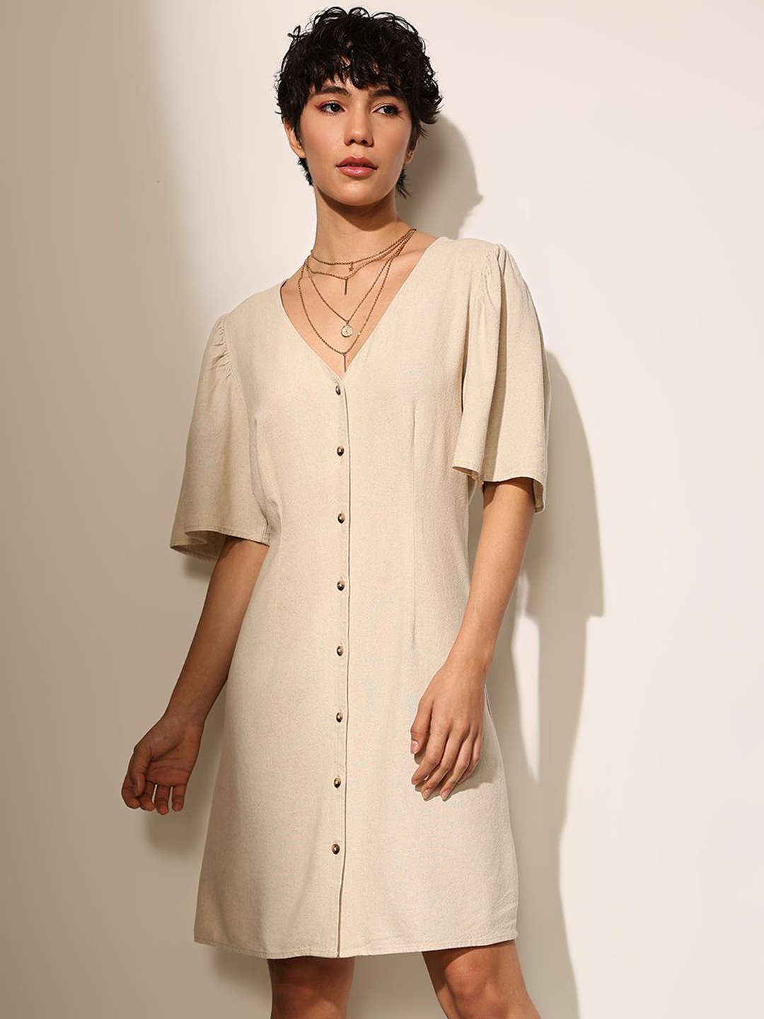 

ONLY Flared Sleeve A-Line Dress, Beige