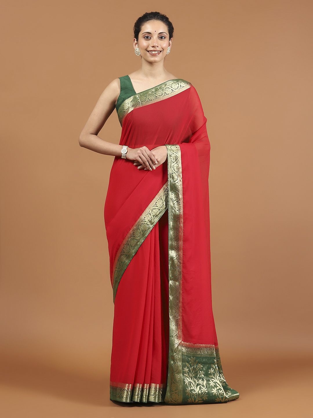 

Meena Bazaar Zari Poly Chiffon Saree, Red