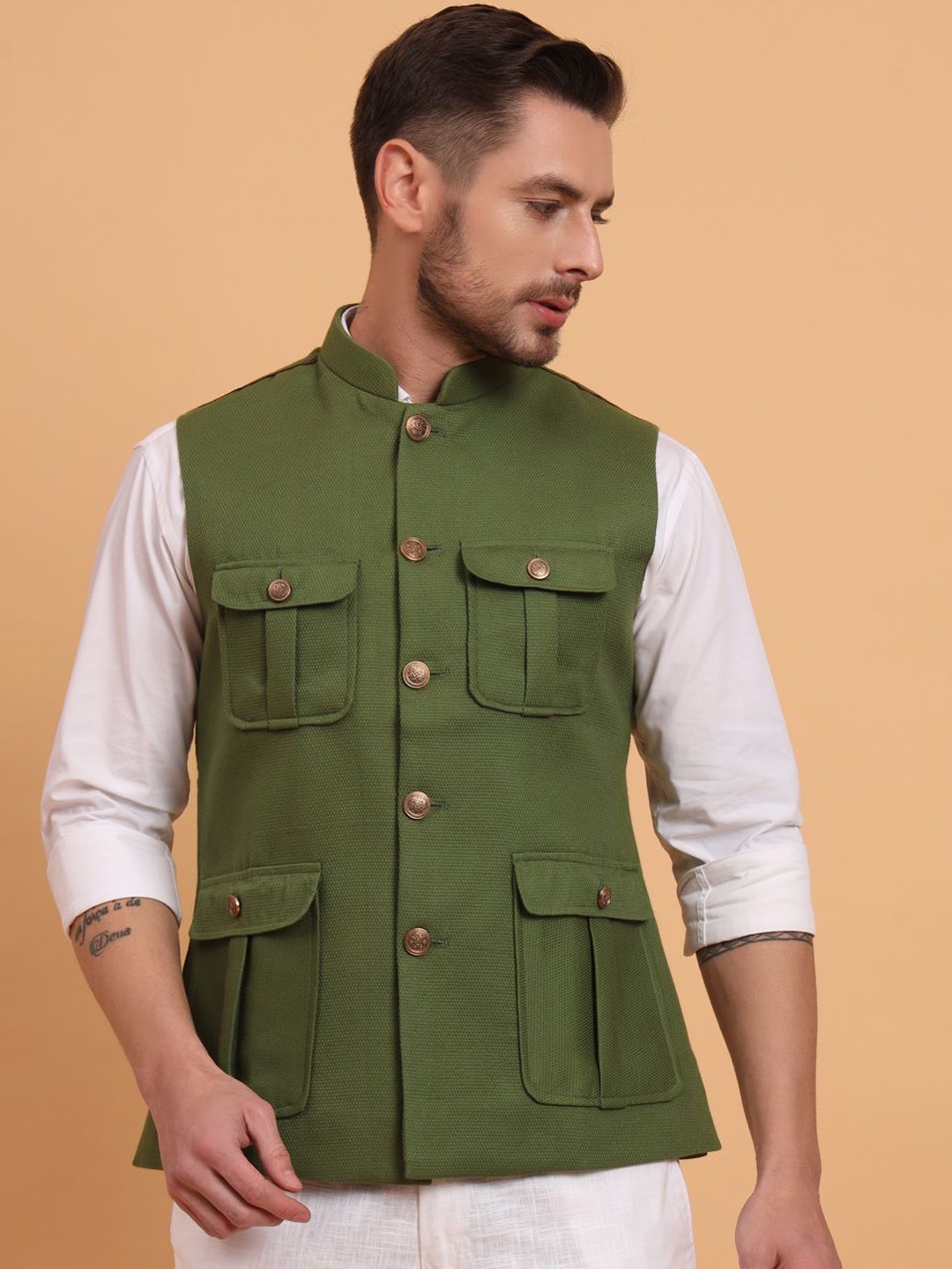 

Aspriya Pure Cotton Bandhgala Jacket, Olive