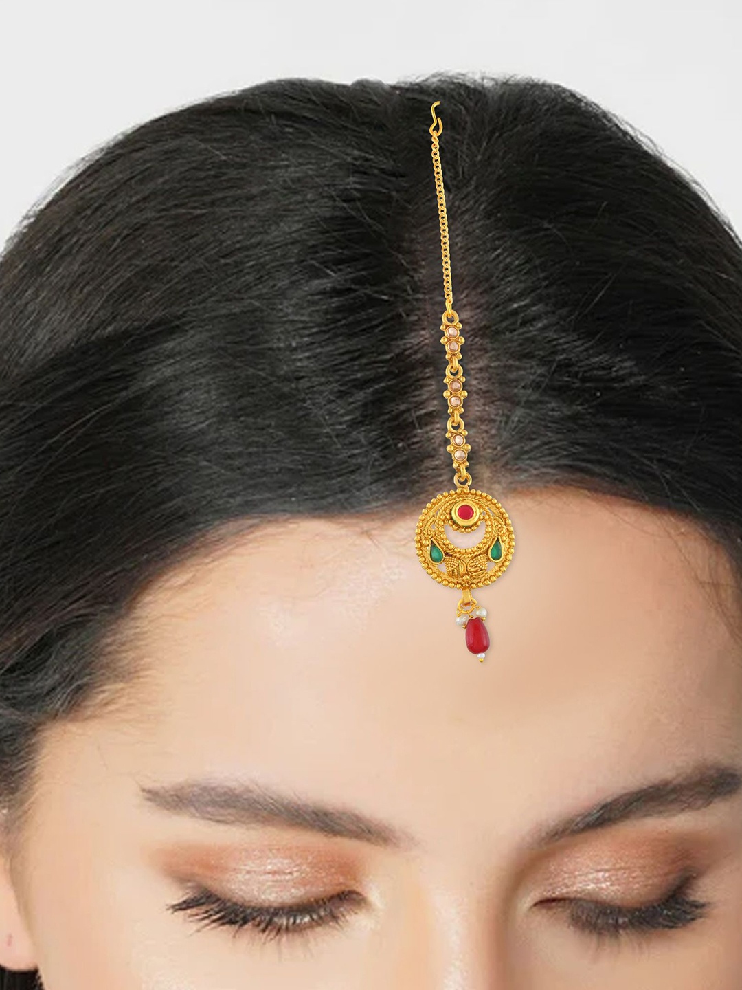 

MEMOIR Gold Plated Stone Studded & Beaded Brass Maang Tikka