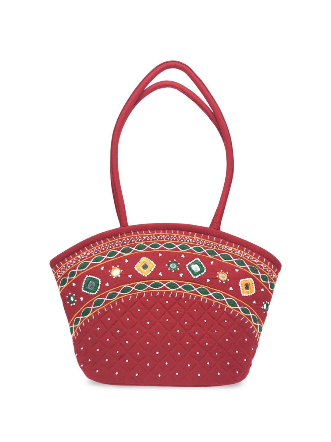 

SriShopify Handicrafts Embellished Structured Tote Bag, Red