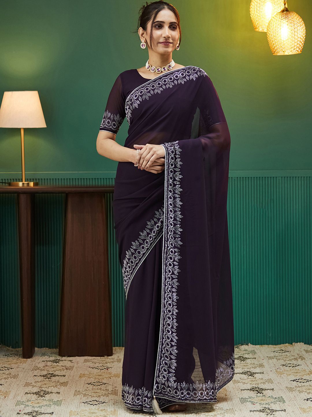 

KALINI Beads and Stones Pure Georgette Saree, Purple