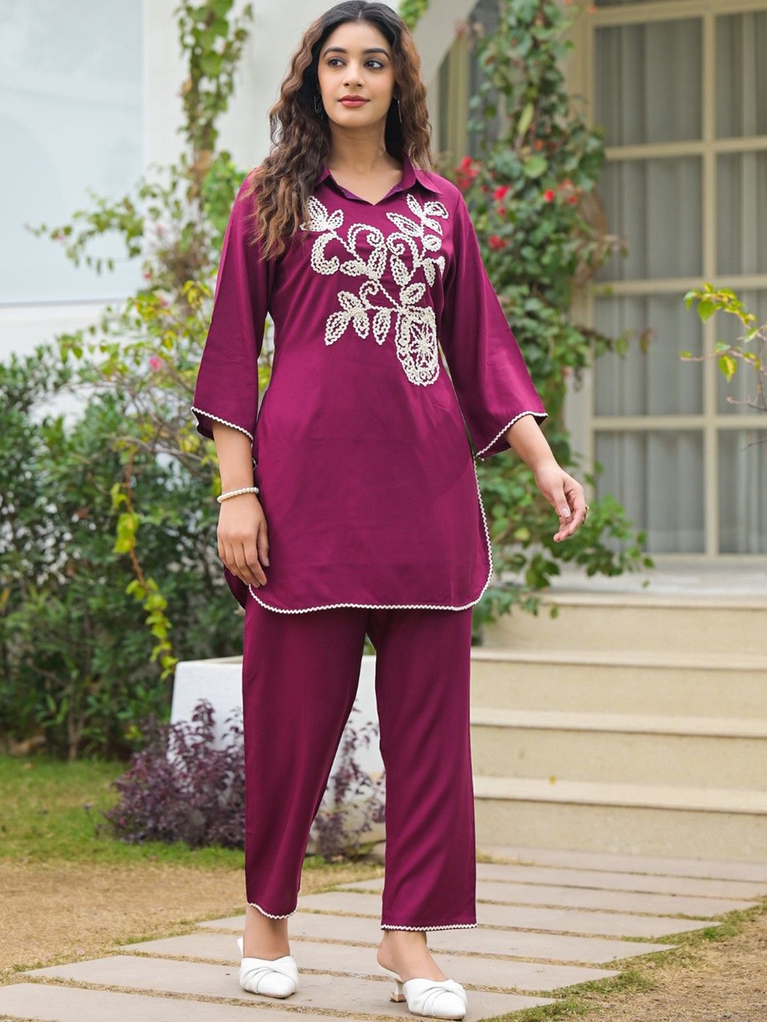 

AUTUMN LANE Embroidered Top With Trouser Co-Ords, Violet
