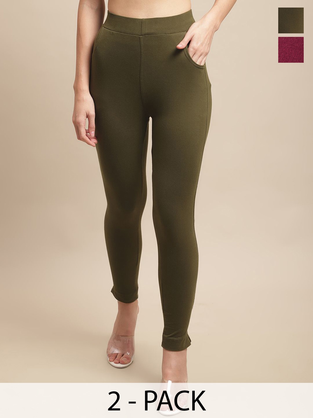 

Valles365 by S.C. Pack Of 2 Plus Size Cotton Ankle-Length Leggings, Olive