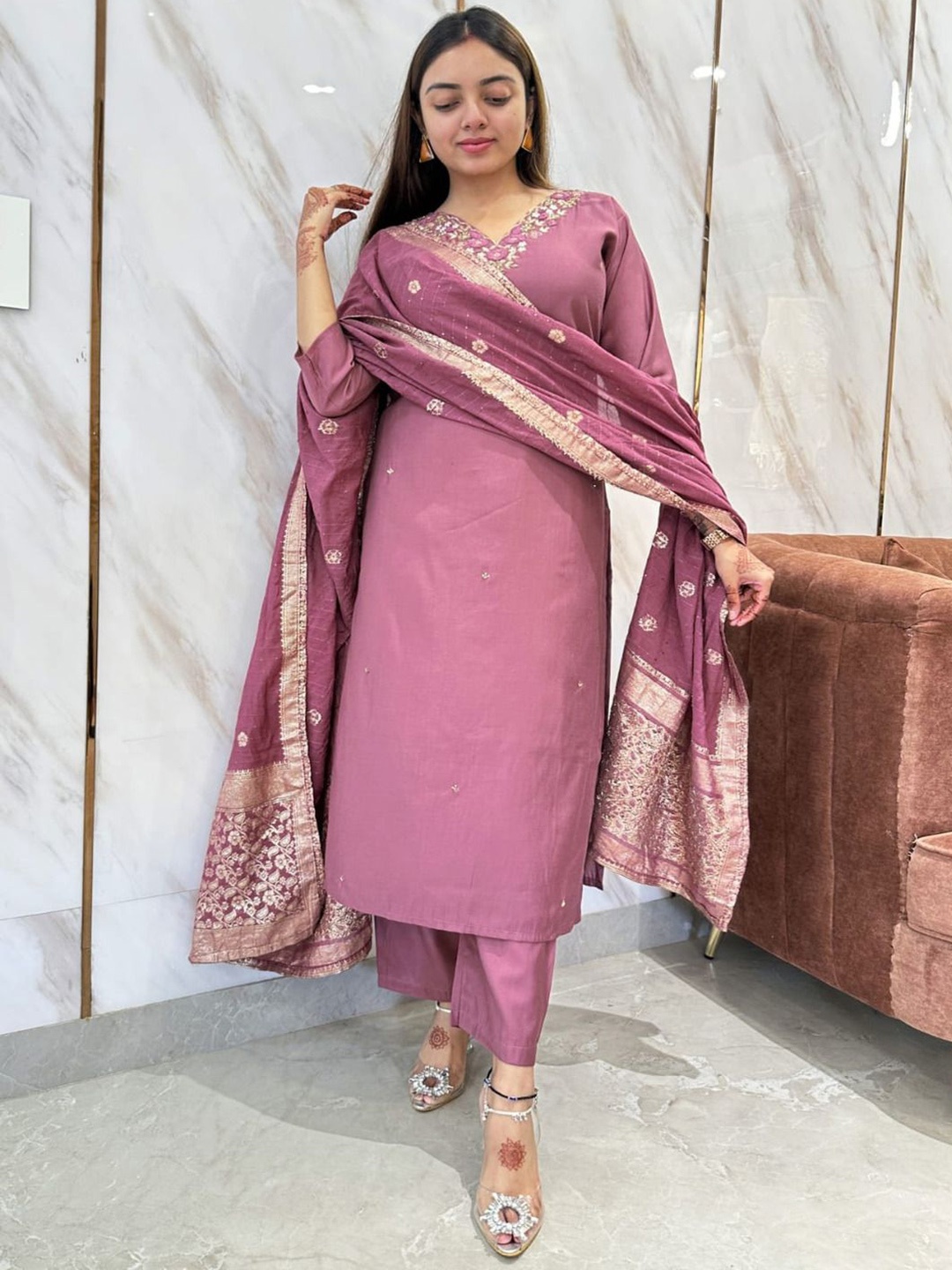

KALINI Women Ethnic Motifs Embroidered Thread Work Silk Kurta with Trousers & With Dupatta, Pink