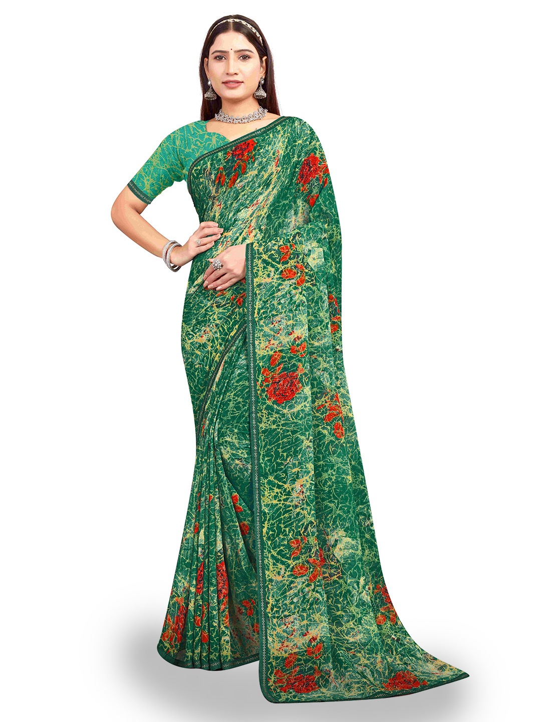 

shree krishna fashion Beads and Stones Art Silk Saree, Green