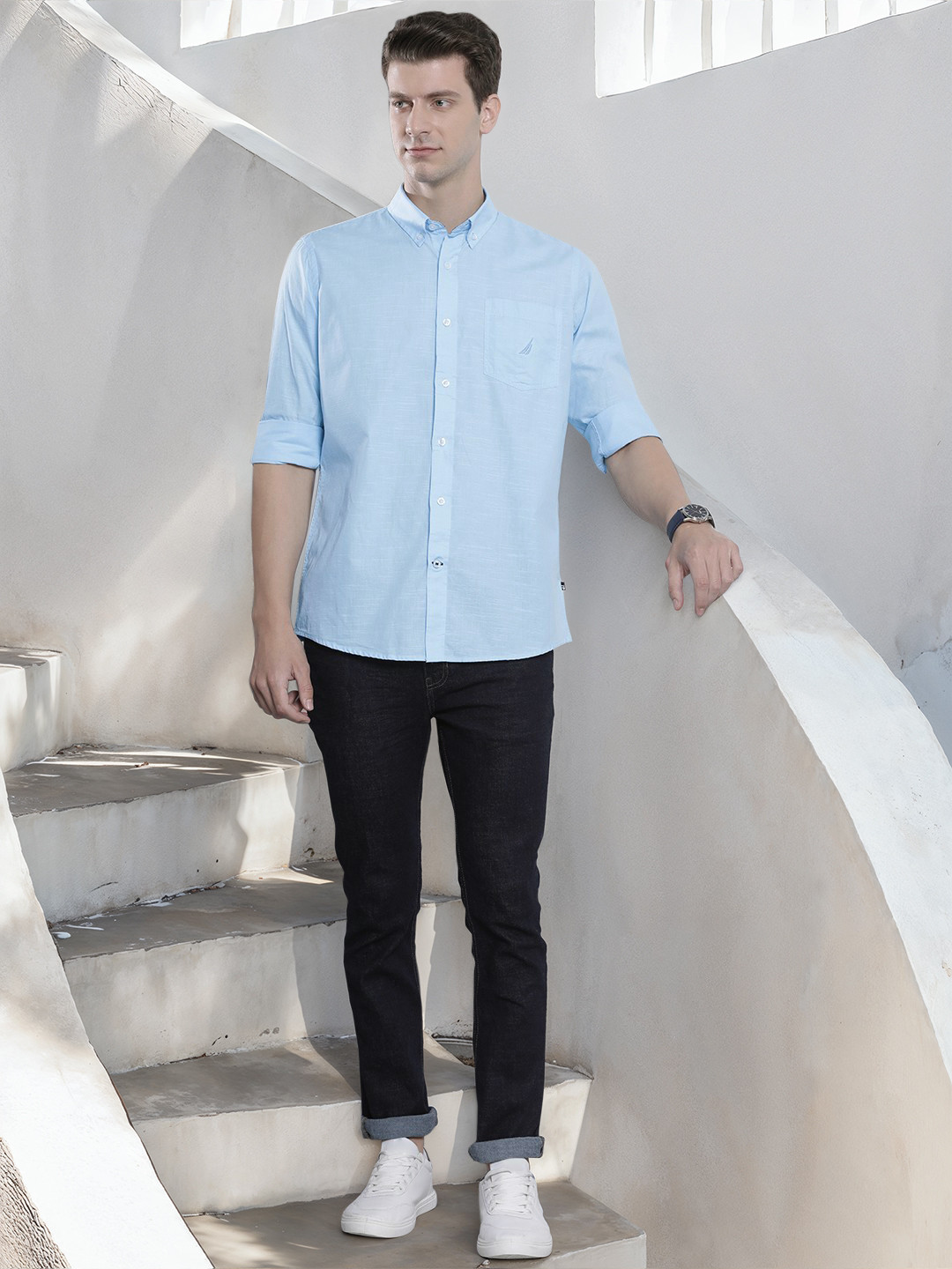 

Nautica Self Design Classic Fit Pure Cotton Casual Shirt, Blue