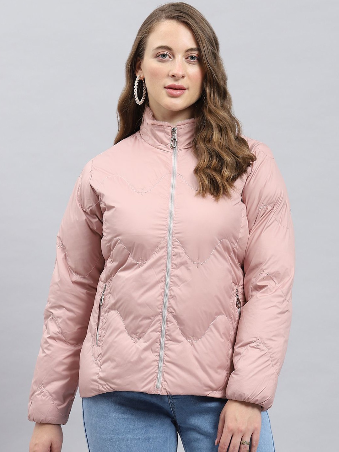 

Monte Carlo Women Geometric Polyester Puffer Jacket with Patchwork, Peach
