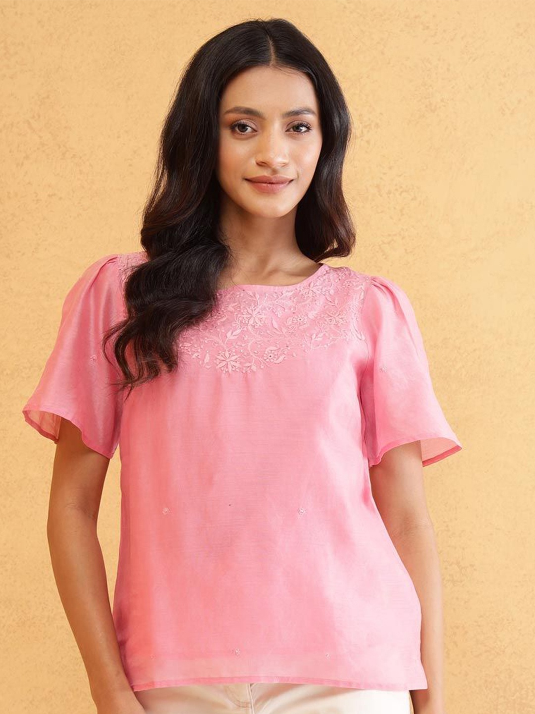

Fabindia Embroidered Cotton Top, Pink