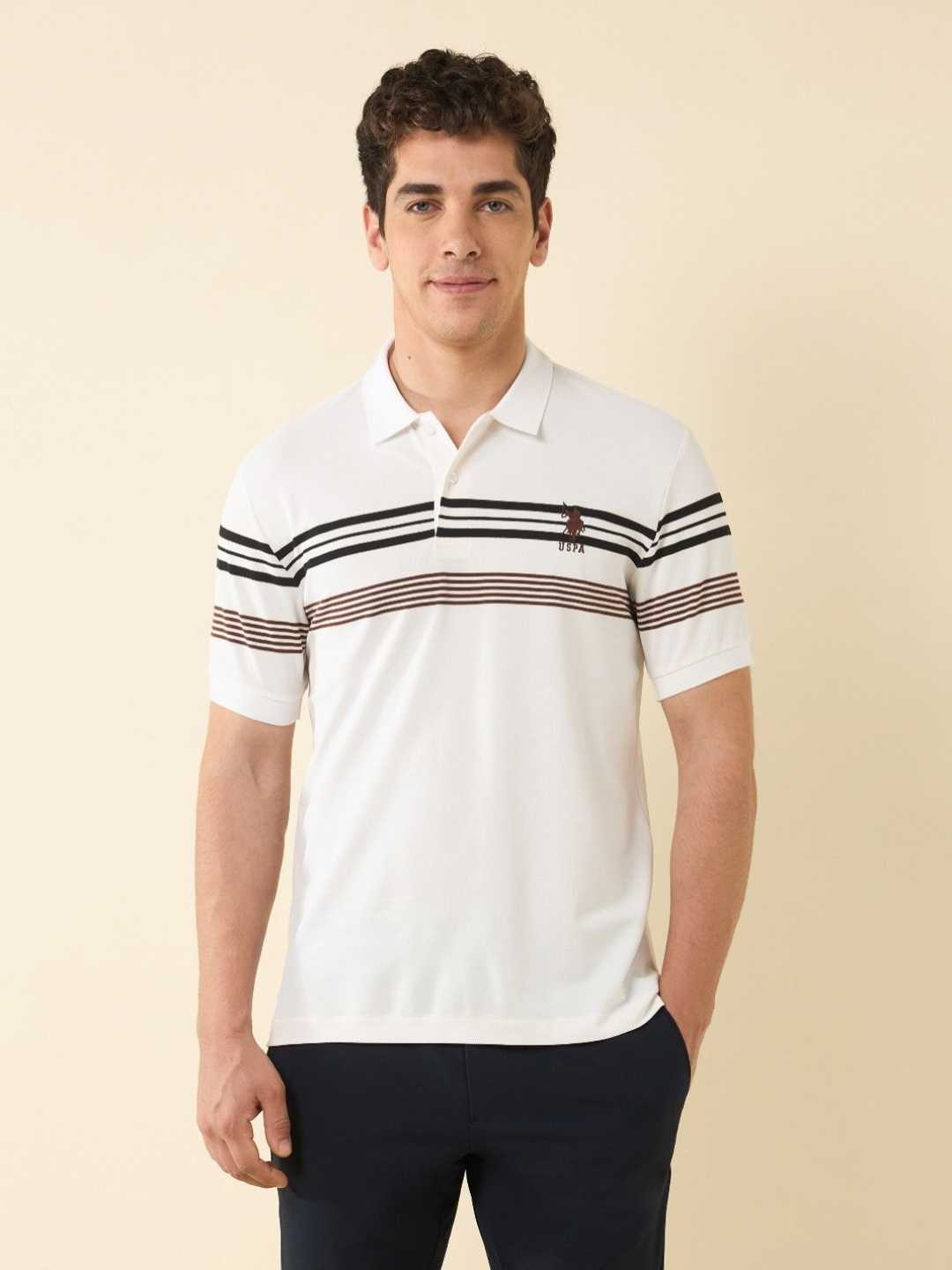 

U.S. Polo Assn. Men Striped Polo Collar Applique Slim Fit T-shirt, White