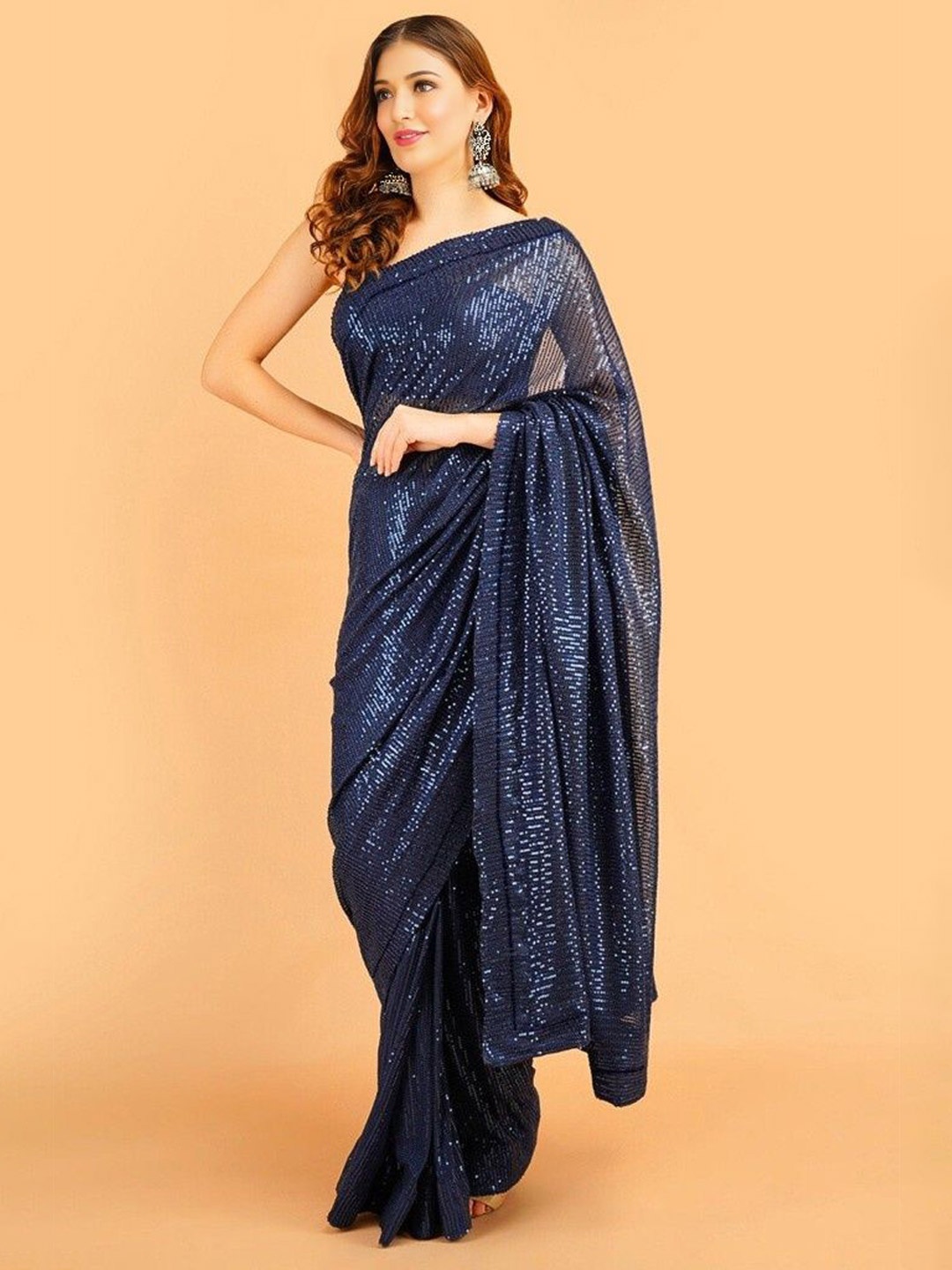 

ANJANI TEXTILE Embellished Sequinned Poly Georgette Heavy Work Saree, Blue