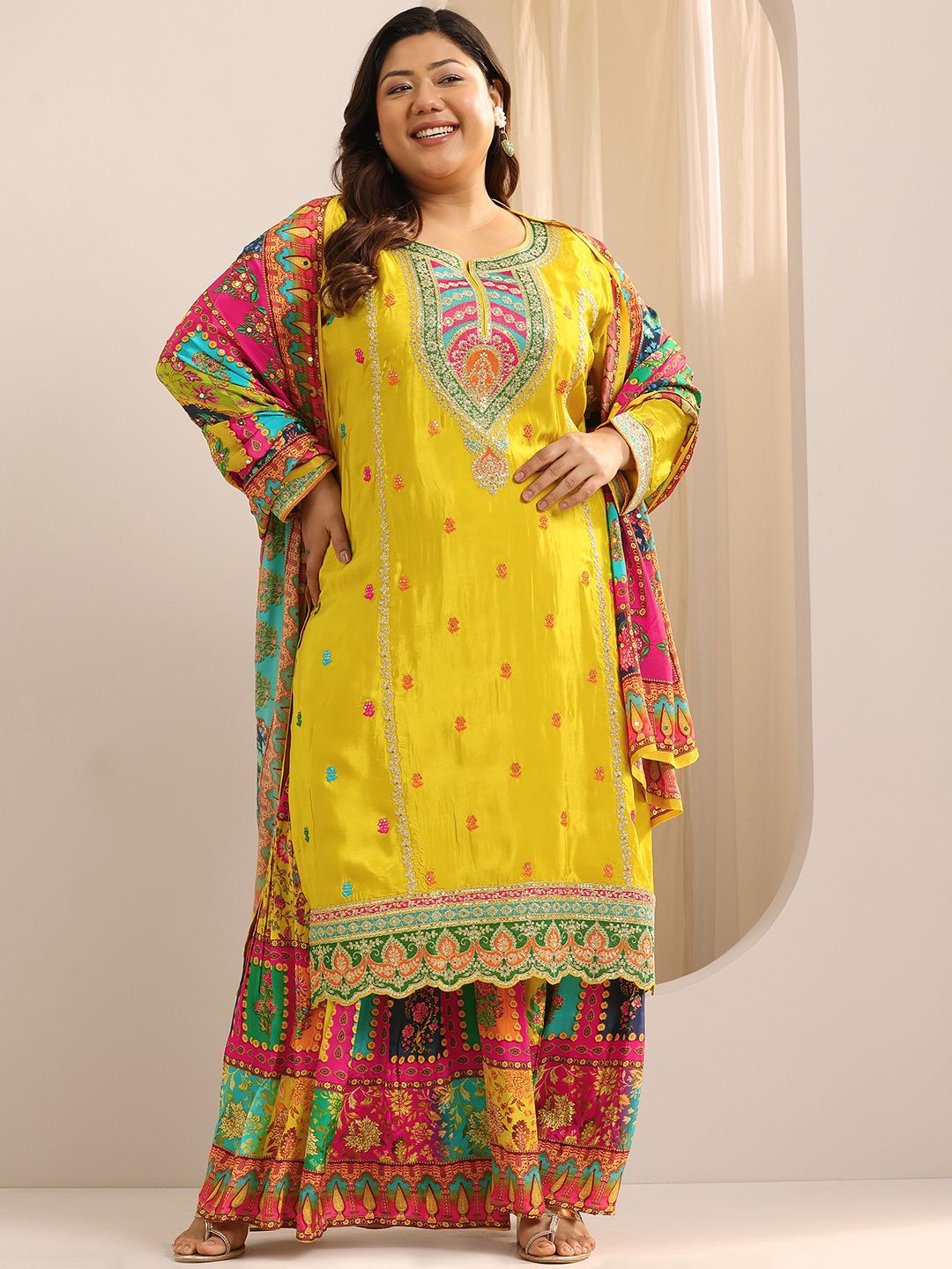 

EXTRA LOVE BY LIBAS Women Ethnic Motifs Embroidered Regular Sequinned Kurta with Sharara & With Dupatta, Mustard