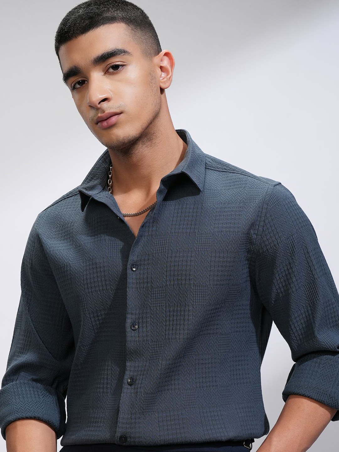 

HIGHLANDER Men Comfort Slim Fit Opaque Casual Shirt, Blue