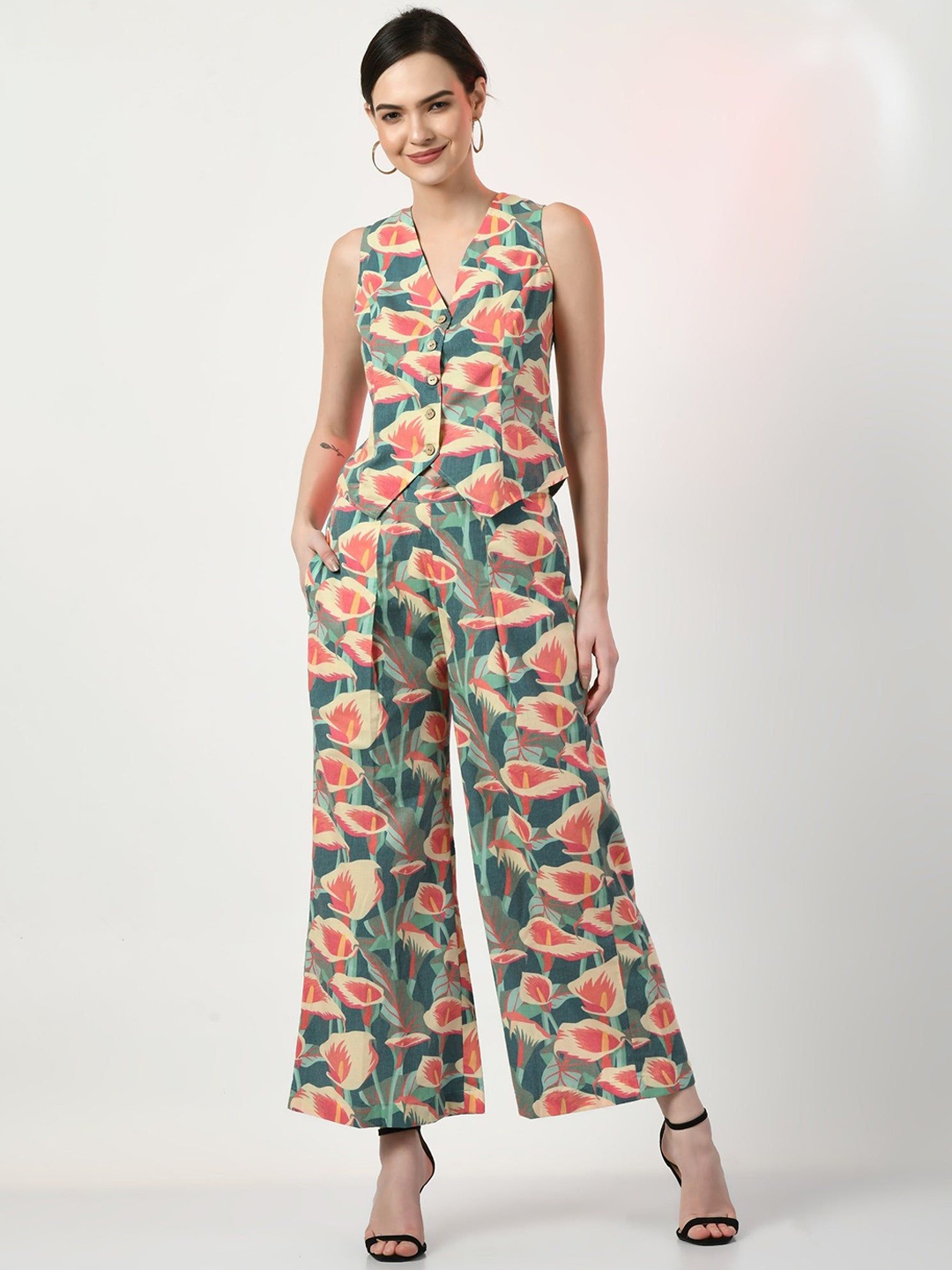 

SEEDS OF FUSION Pure Cotton WaistCoat Top With Palazzos Co-Ords, Green