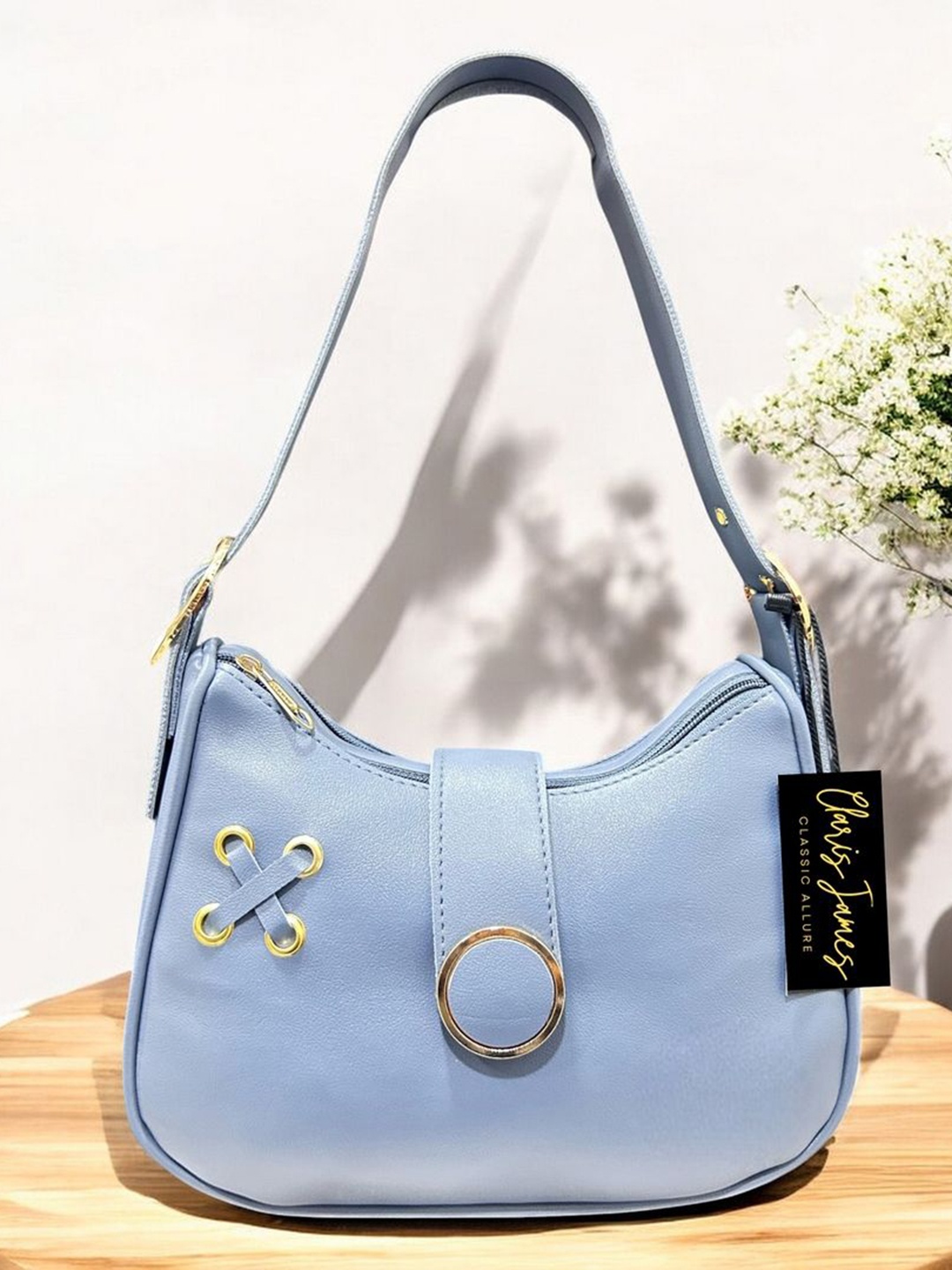 

CLARIS JAMES Geometric PU Half Moon Sling Bag, Blue