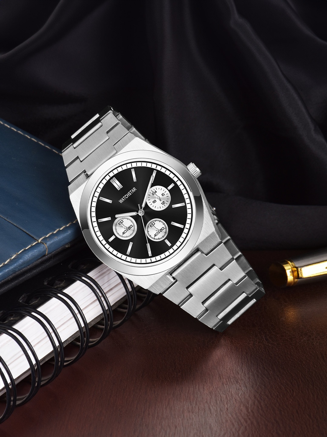 

WATCHSTAR Men Patterned Dial & Stainless Steel Straps Analogue Watch Crono Royal BlackDL, Black