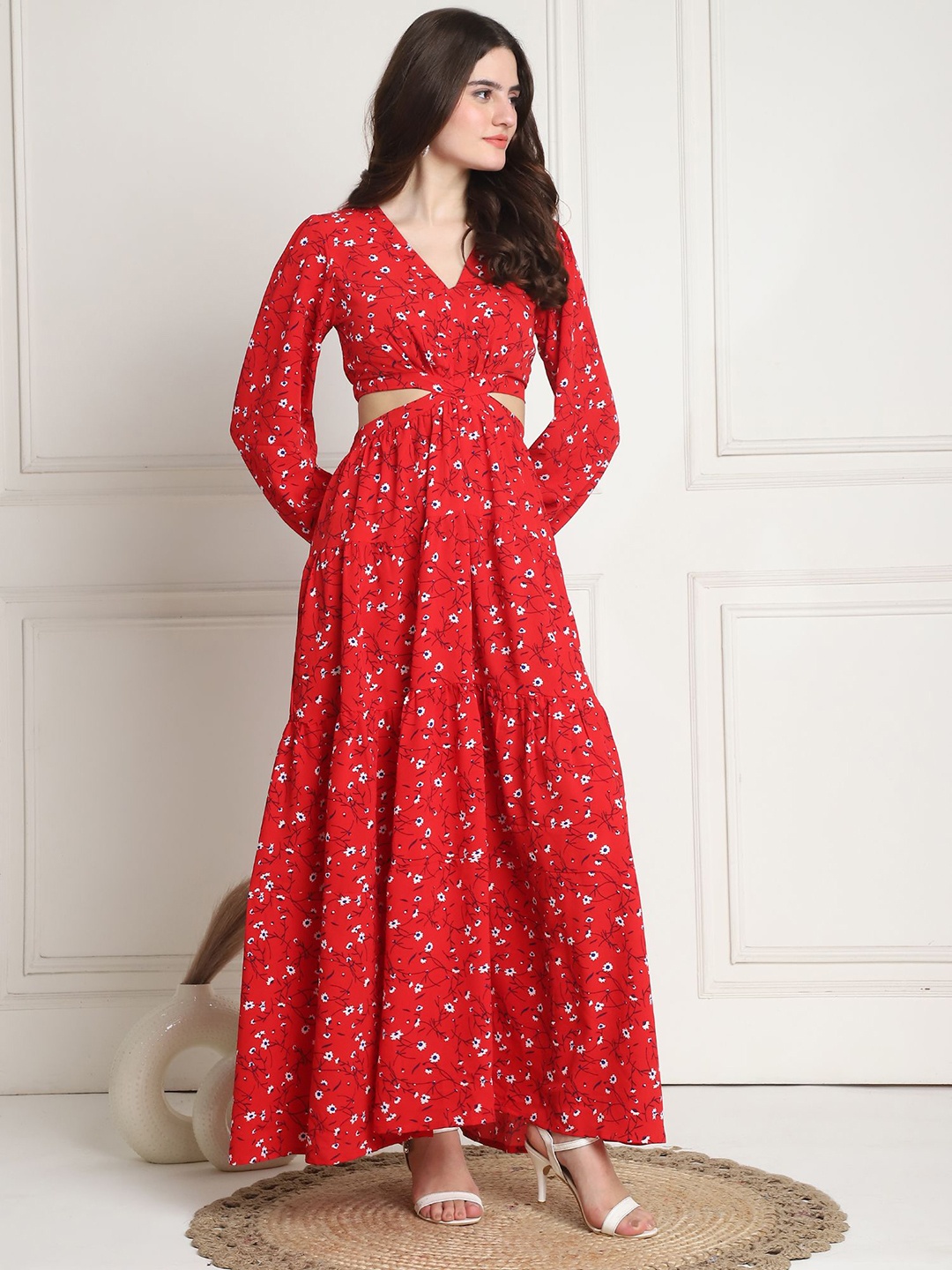 

JAKANARY Floral Print Fit & Flare Maxi Dress, Red