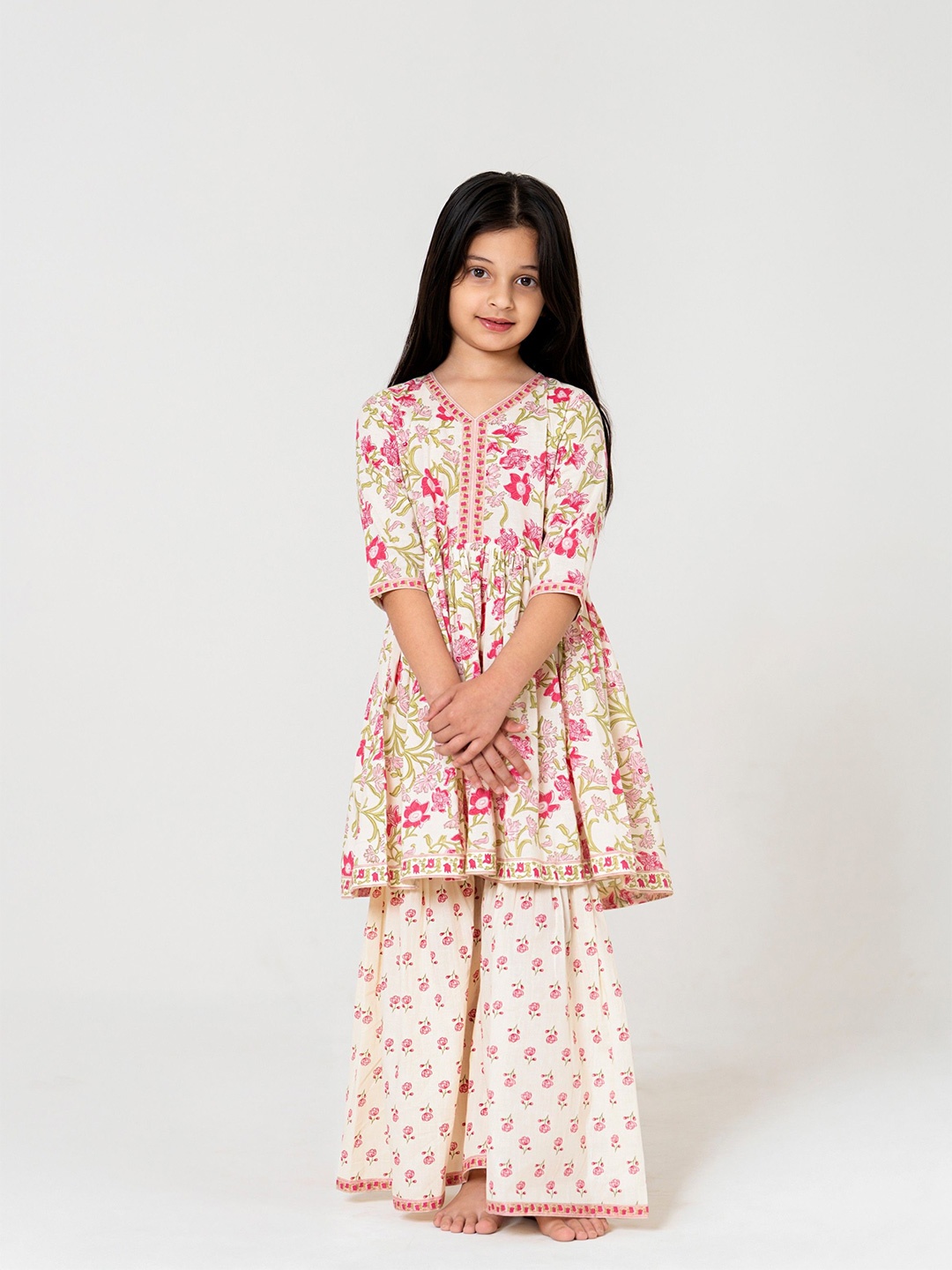 

MUM & DAUGHTER Floral Printed Empire Pure Cotton Kurta with Sharara, Cream
