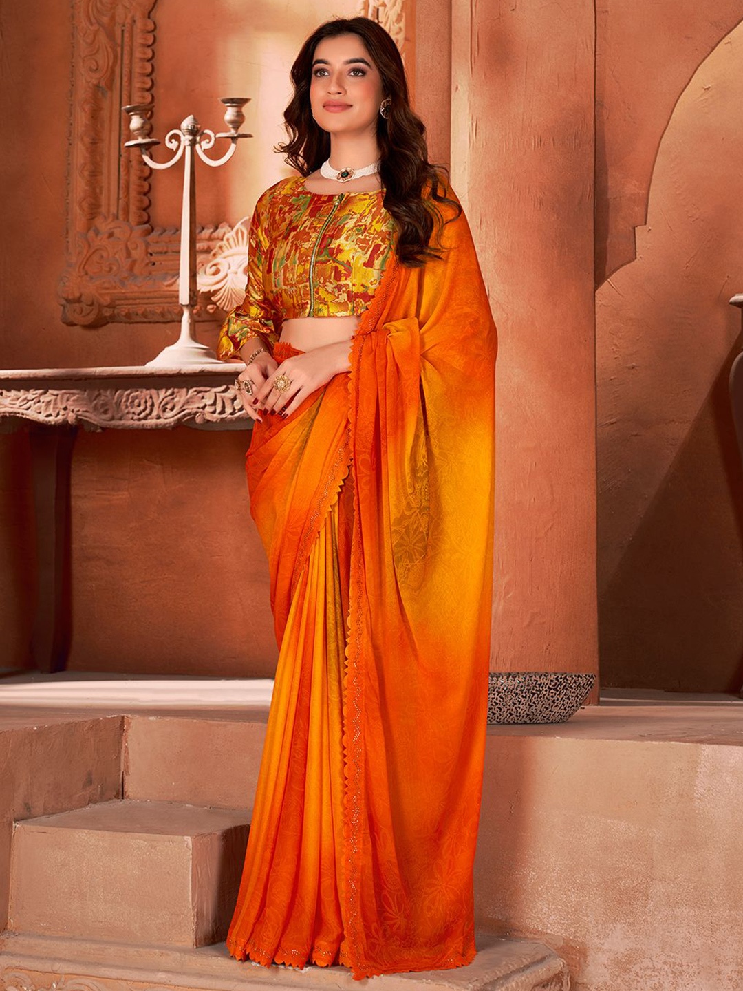 

LeeliPeeri Designer Beads and Stones Poly Chiffon Saree, Orange