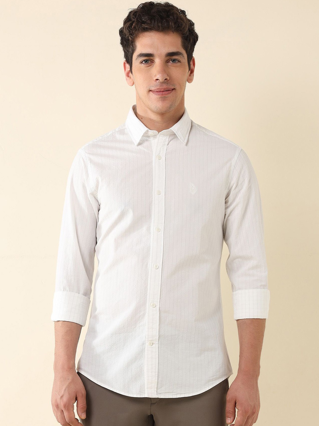 

U.S. Polo Assn. Men Tailored Fit Opaque Striped Casual Shirt, White