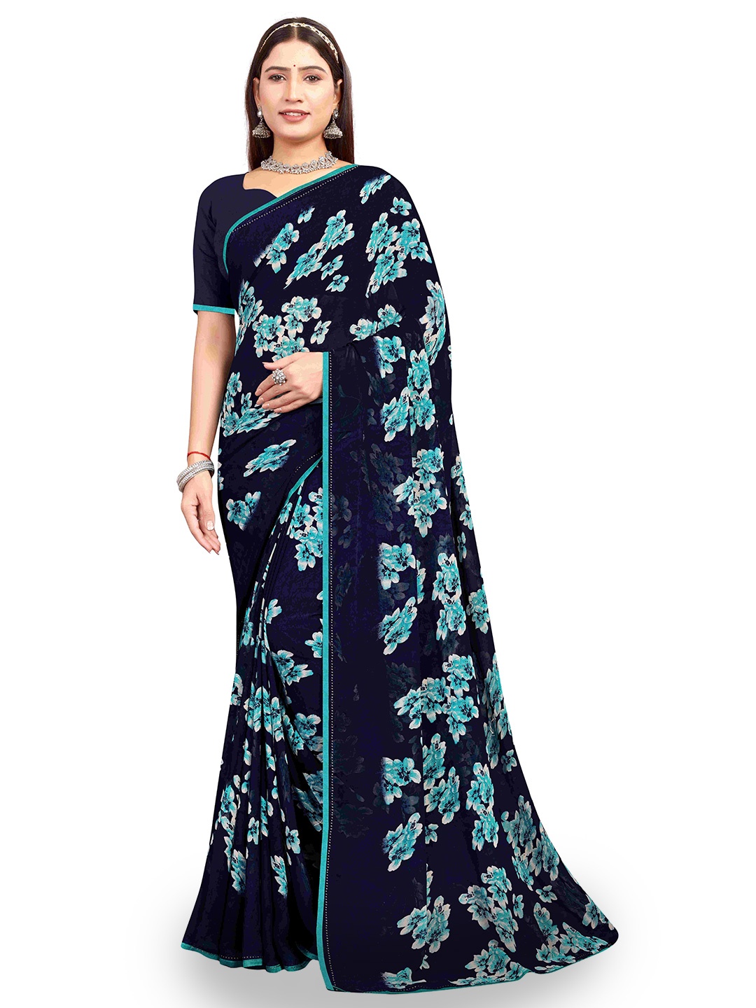 

shree krishna fashion Floral Beads and Stones Art Silk Saree, Navy blue