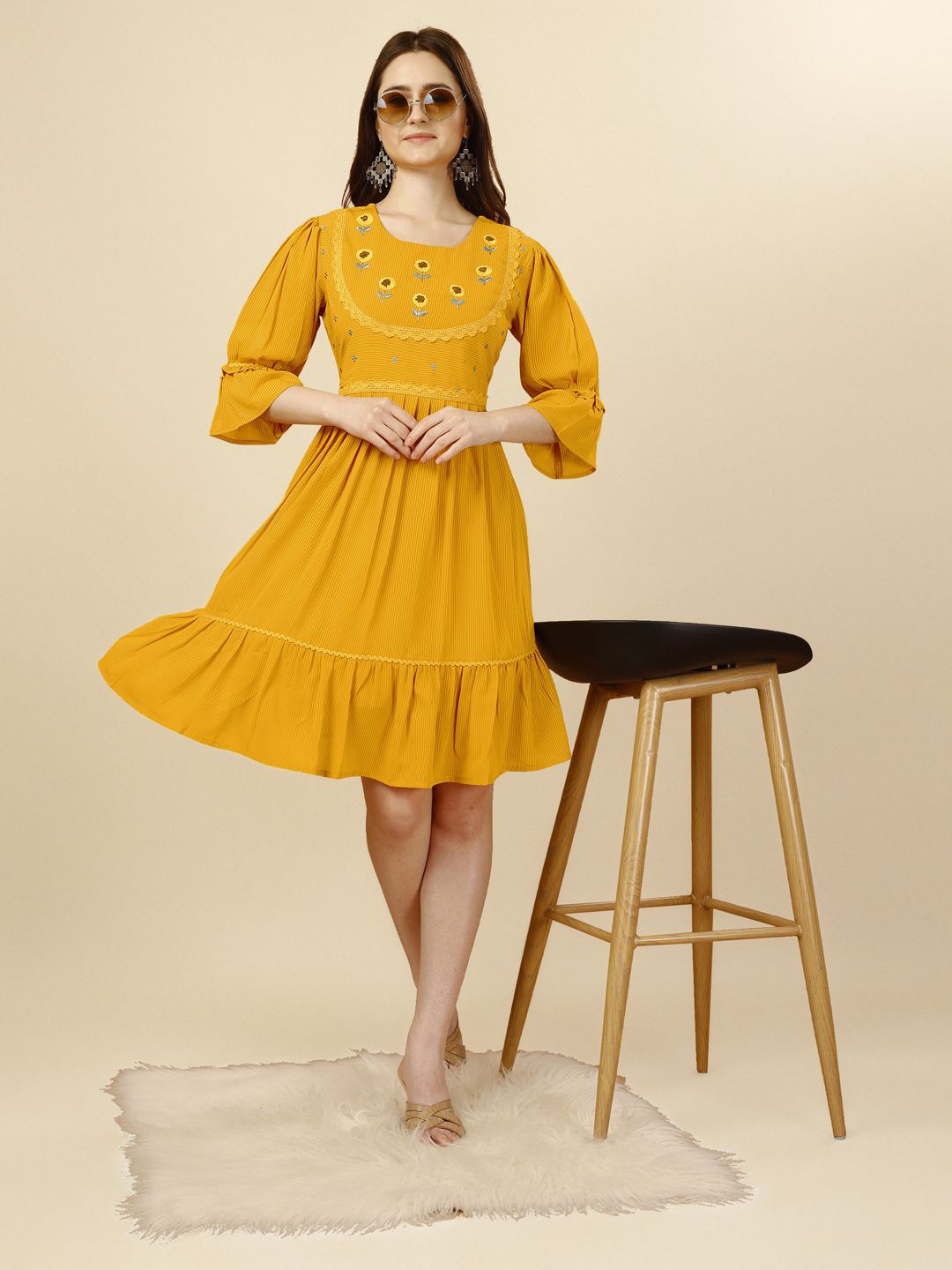 

all about you Embellished Georgette Fit & Flare Dress, Yellow