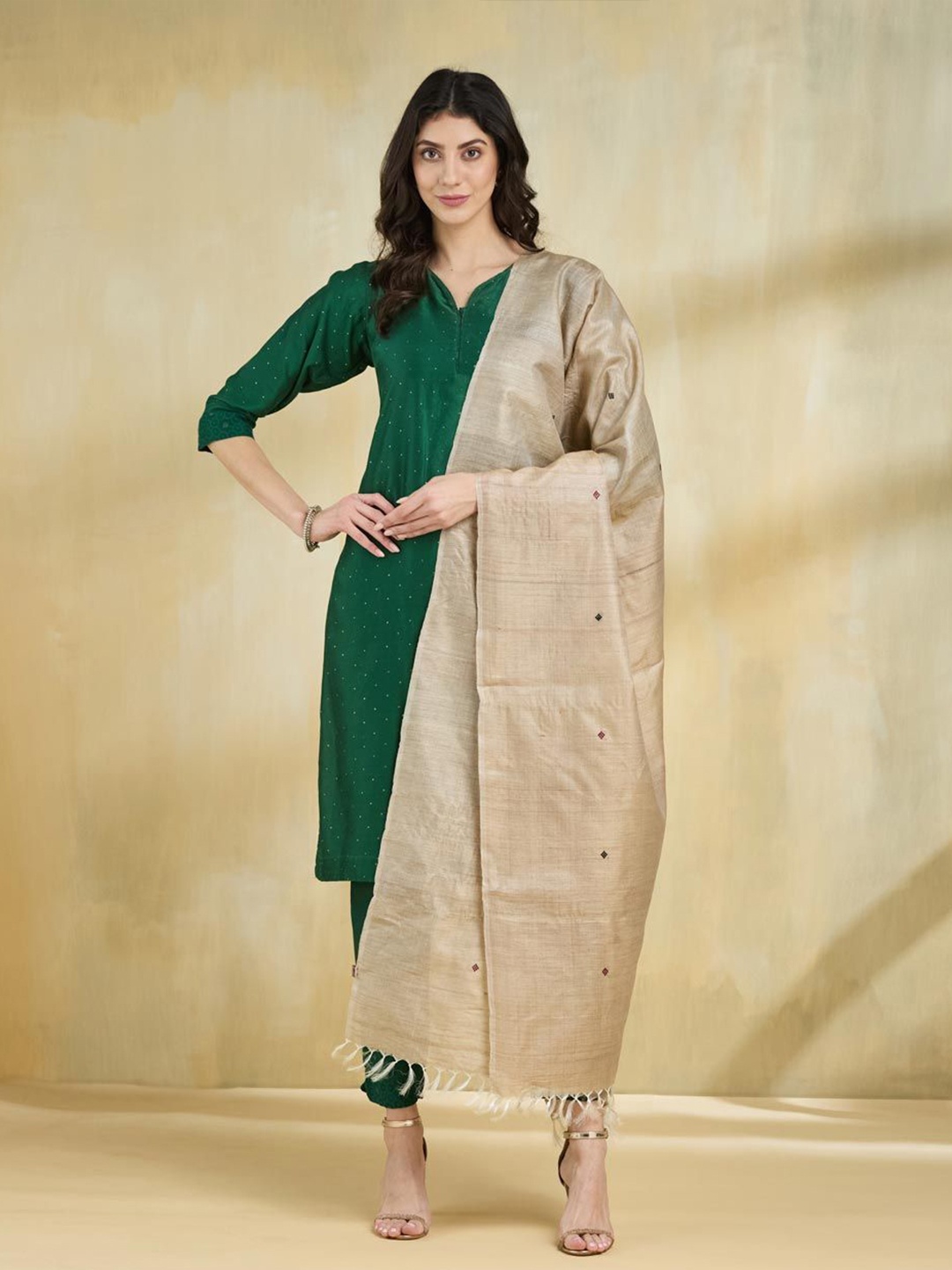 

Fabindia Ethnic Motifs Embroidered Dupatta, Beige