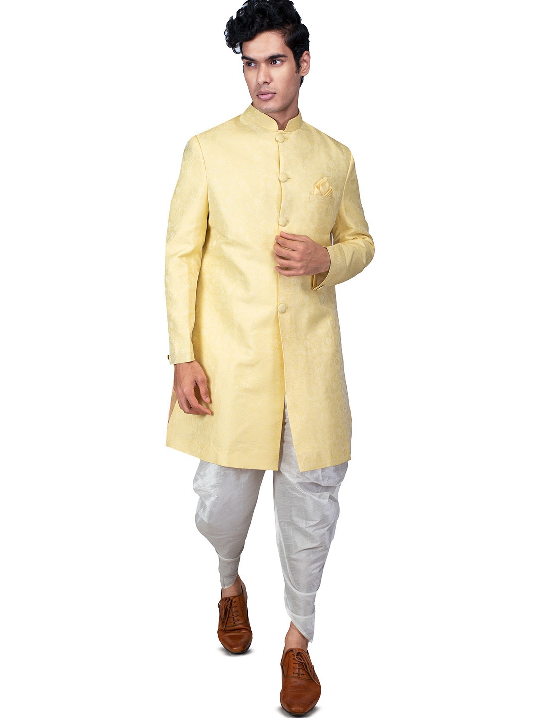 

ANIL KUMAR AJIT KUMAR Self Designed Mandarin Collar Sherwani, Yellow