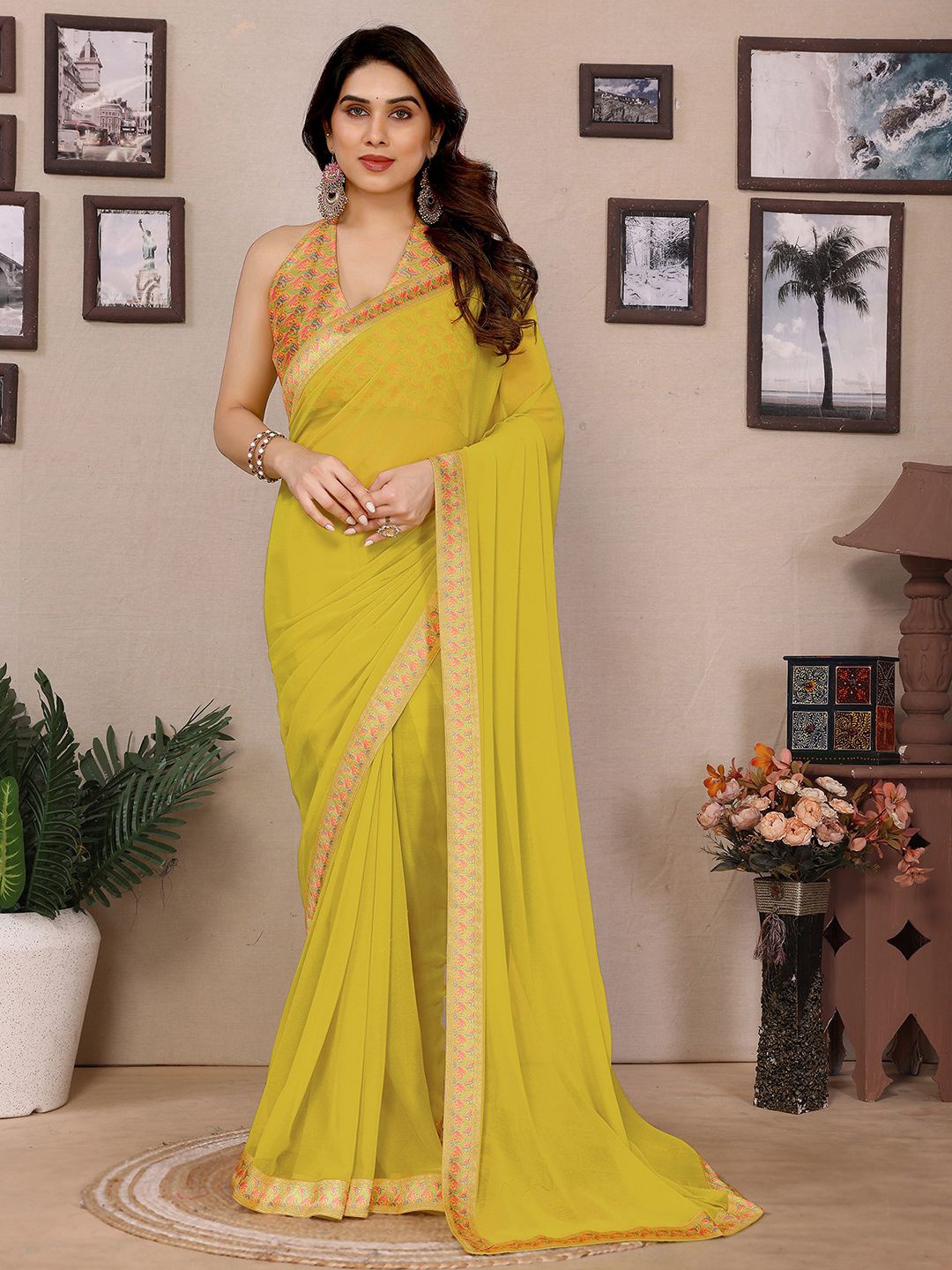 

all about you Zari Pure Georgette Saree, Yellow