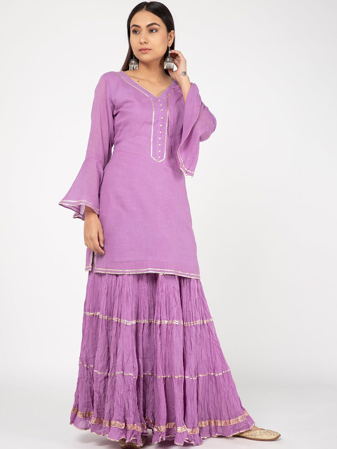 

KHUSHBOO AND PANKAJ Women Regular Gotta Patti Pure Cotton Kurta with Sharara, Lavender