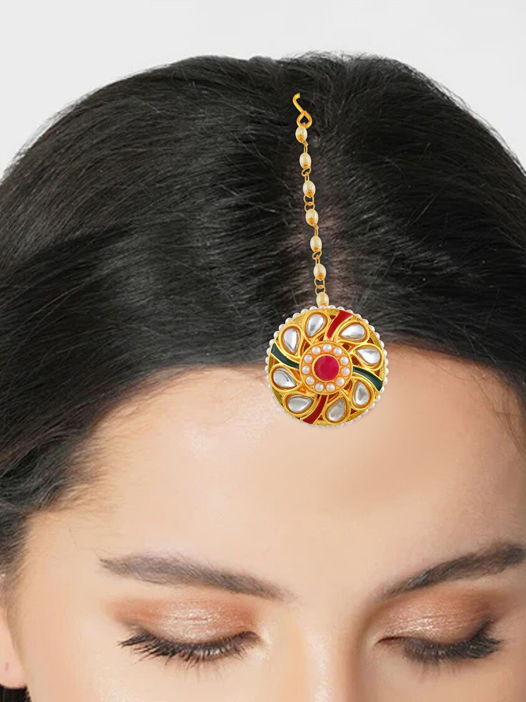 

MEMOIR Gold Plated Stone Studded & Beaded Bindi Borla Brass Maang Tikka