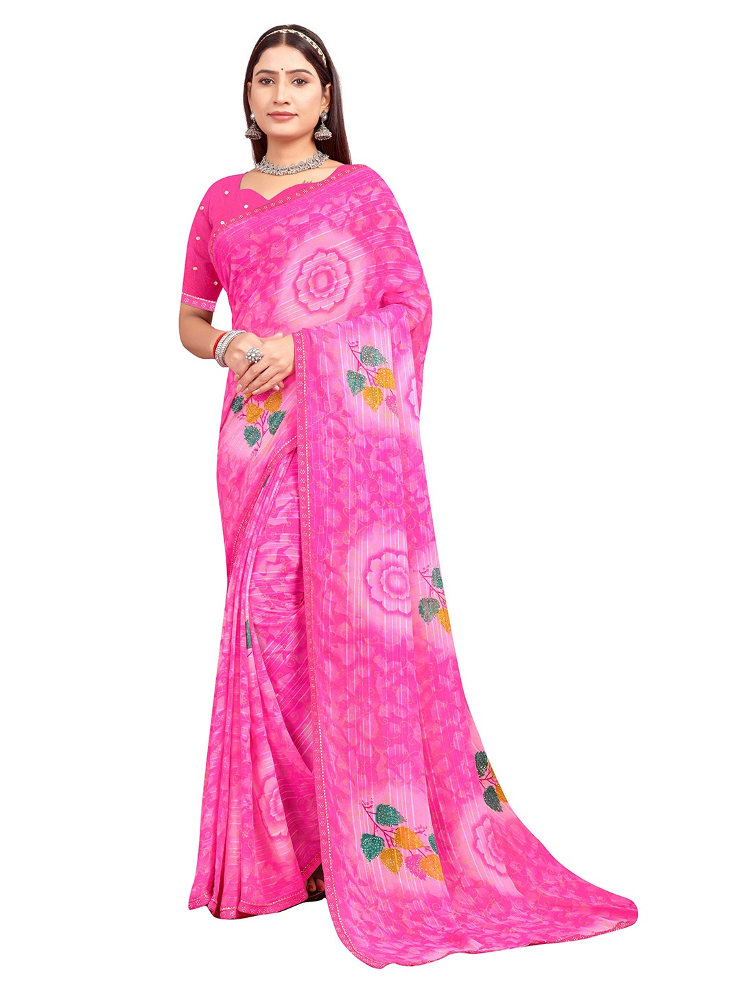 

shree krishna fashion Floral Art Silk Saree, Pink