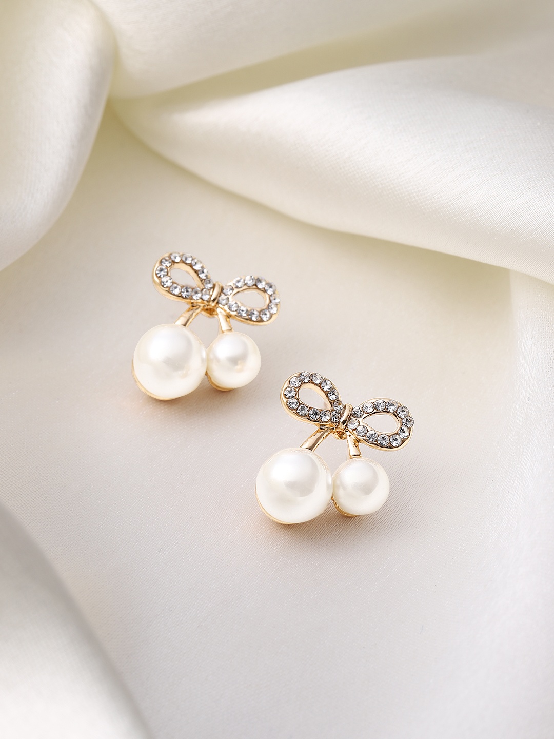 

DressBerry Bow Shaped Beads & Stone-Studded Studs Earrings, Gold