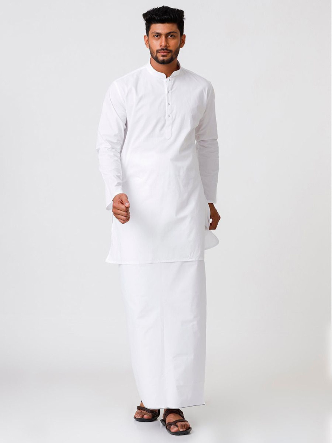 

RAMRAJ COTTON Men White Full Sleeves Medium Length Kurta with Dhoti Combo
