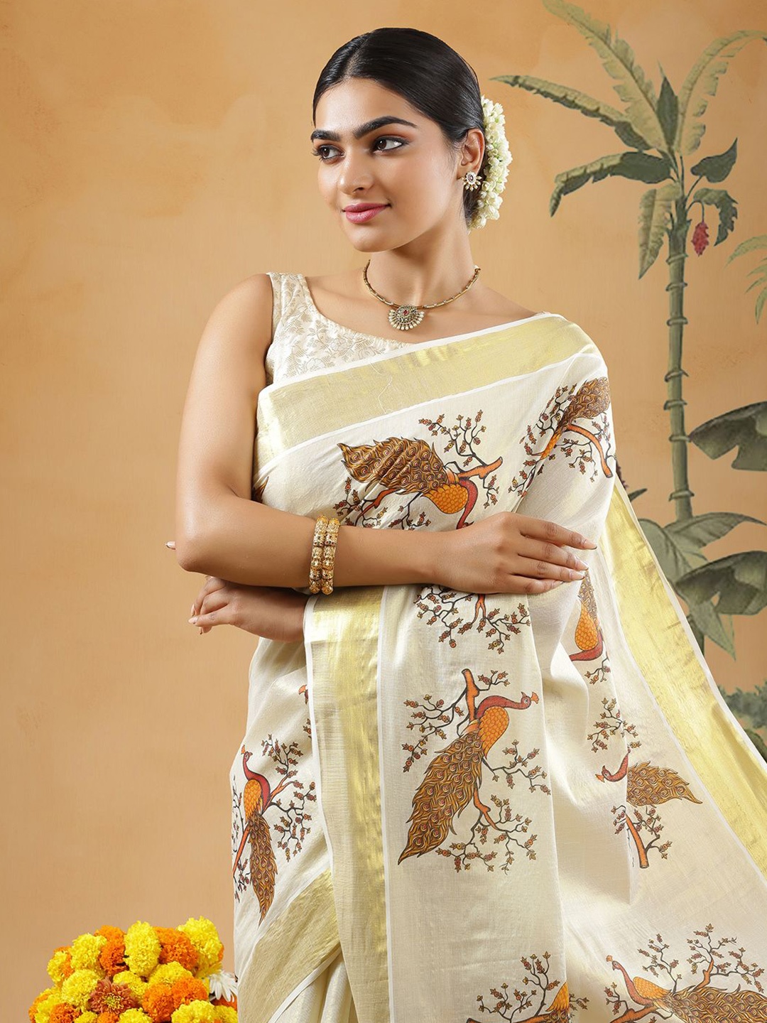 

Kalyan Silks Ethnic Motifs Kasavu Saree, Gold