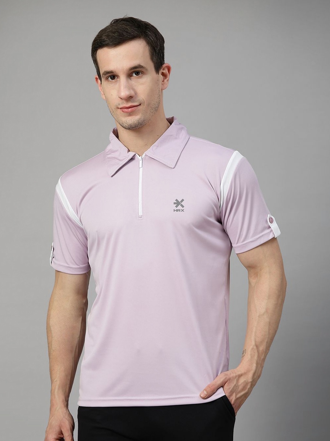 

HRX by Hrithik Roshan Men Polo Neck Regular Fit Gym Sports Zipper Tshirt, Lavender