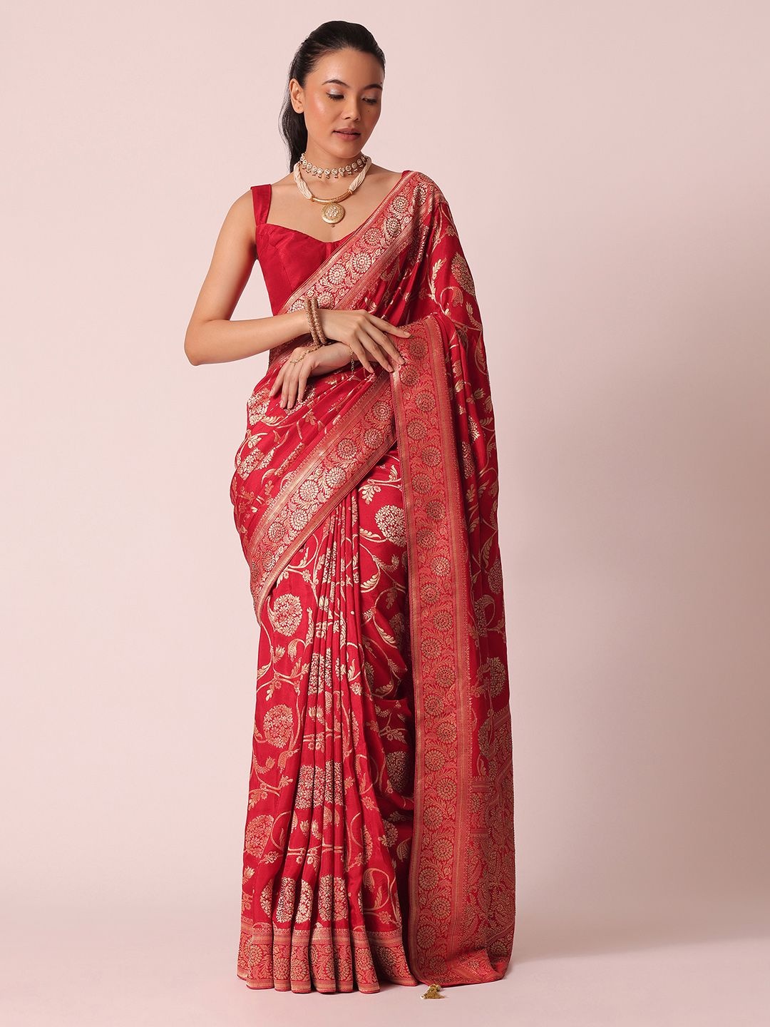 

KALKI Fashion Woven Design Zari Silk Blend Ready To Wear Saree, Red
