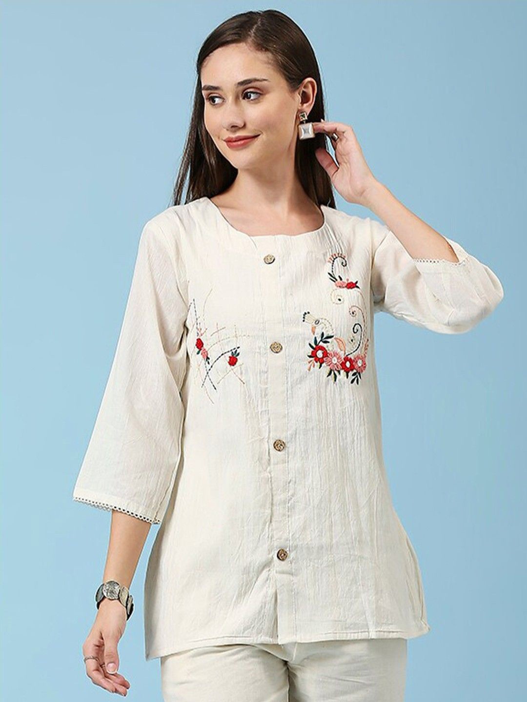 

Hitarth Fashion Women Organic Cotton Embroidered Shirt Style Tunic, Off white