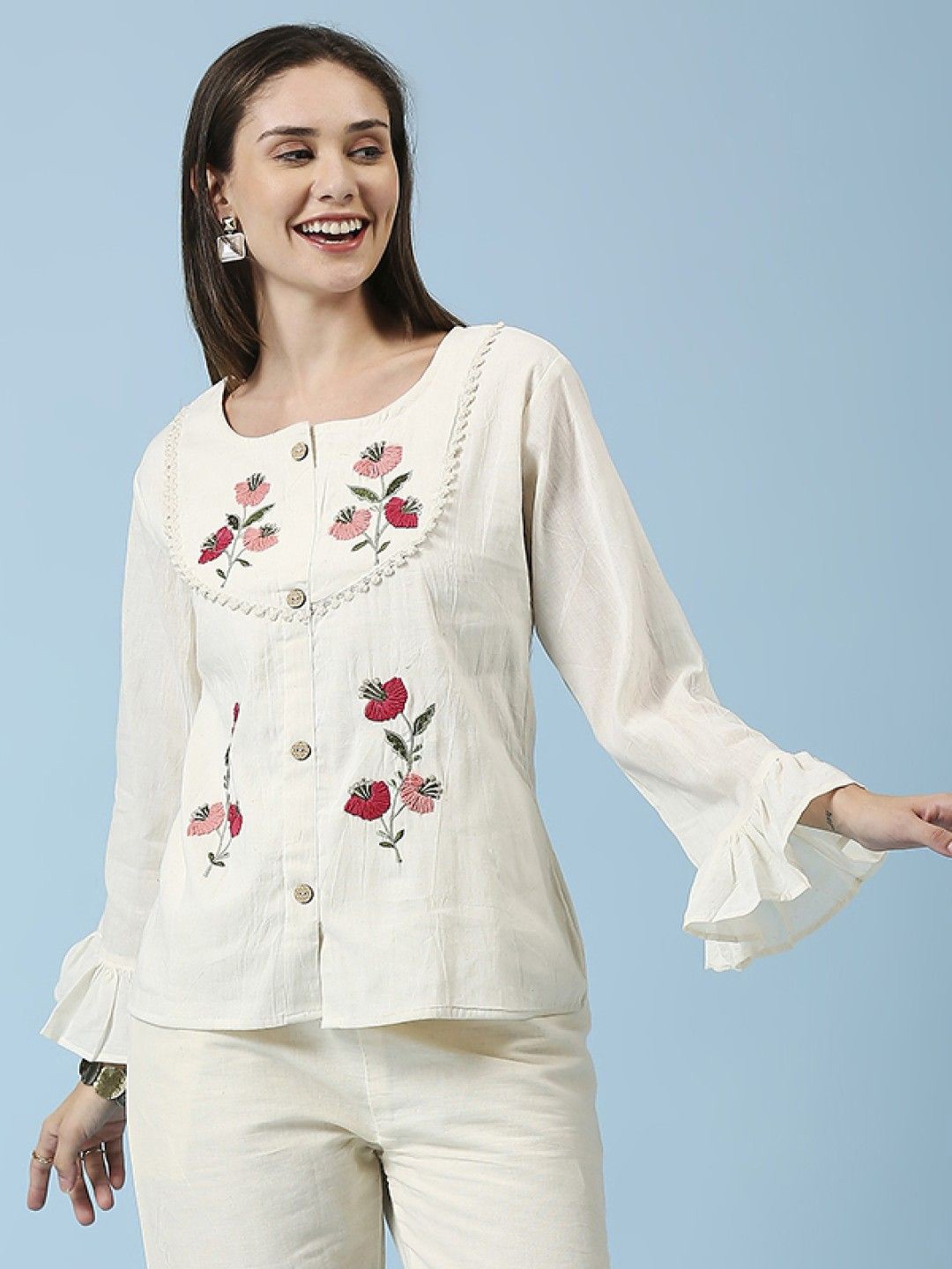 

Hitarth Fashion Women Bell Sleeves Embroidered Organic Cotton Shirt Style Top, Off white