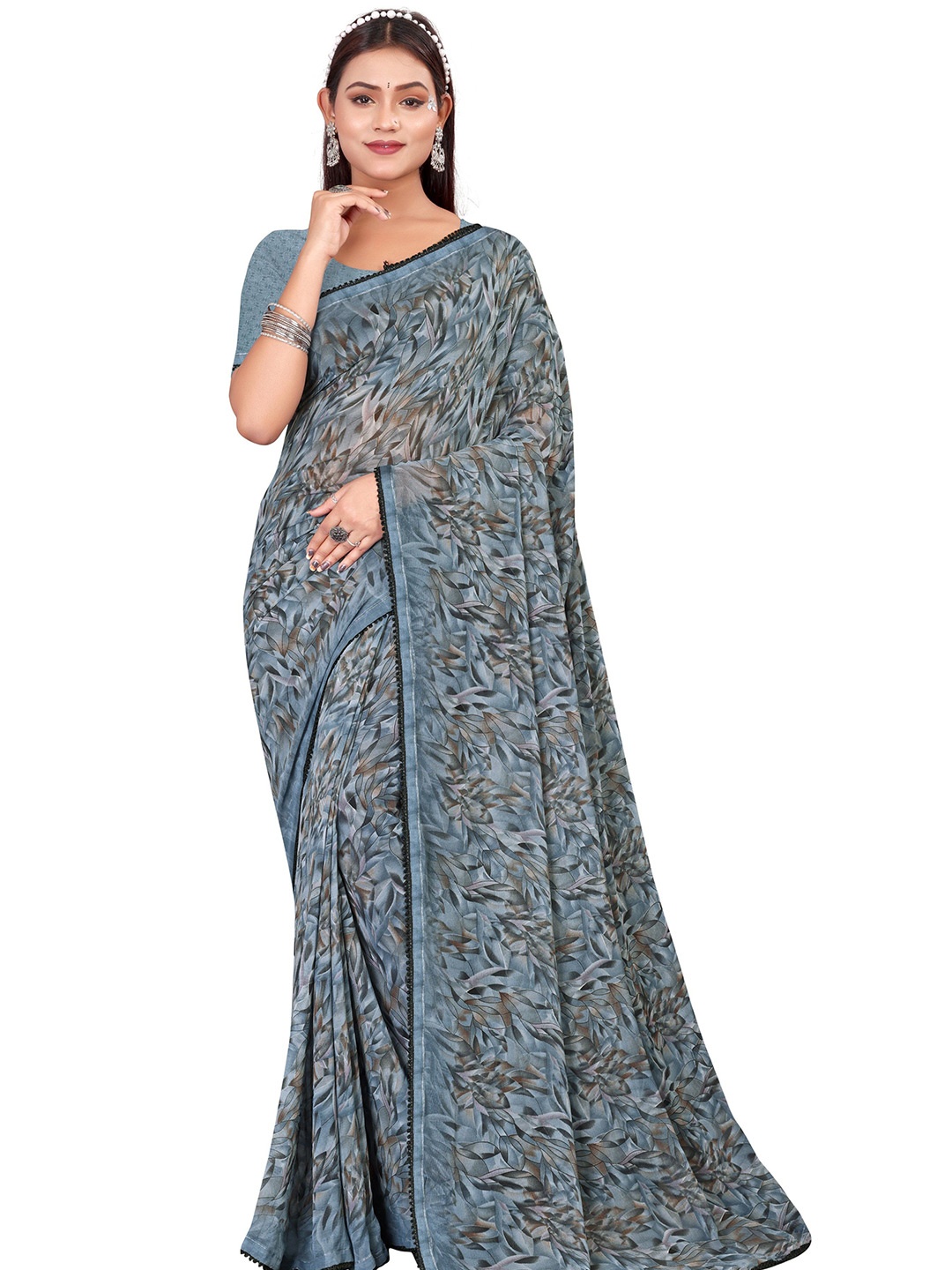 

shree krishna fashion Floral Poly Georgette Saree, Grey