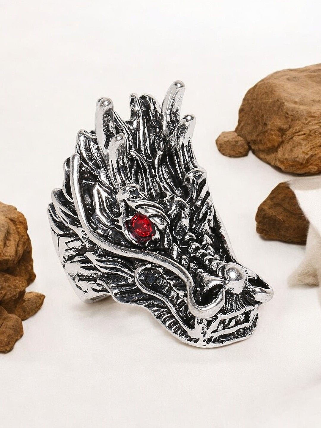 

OOMPH Men Vintage Gothic Dragon Head Biker Ring, Silver