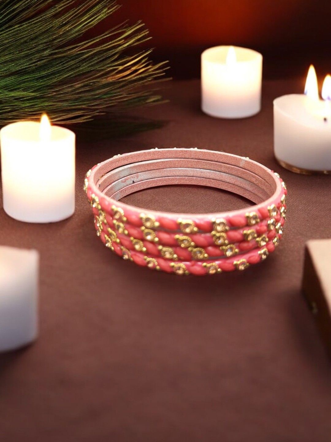 

FEMMIBELLA Set Of 4 Stone Studded Glass Bangles, Peach