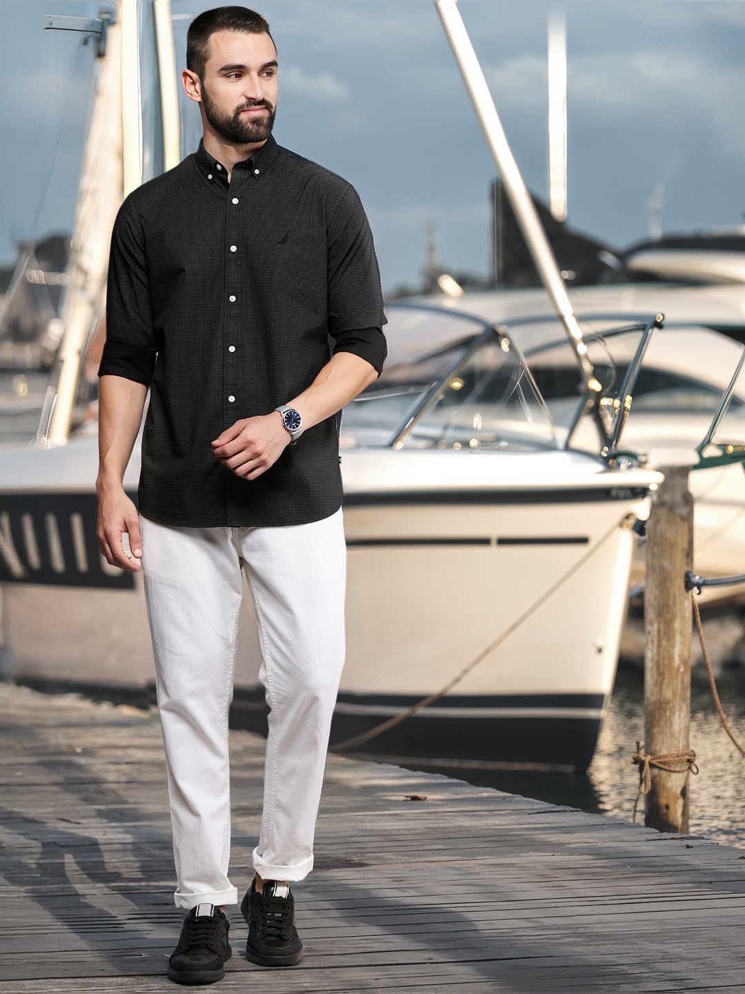 

Nautica Slim Fit Geometric Printed Pure Cotton Casual Shirt, Black