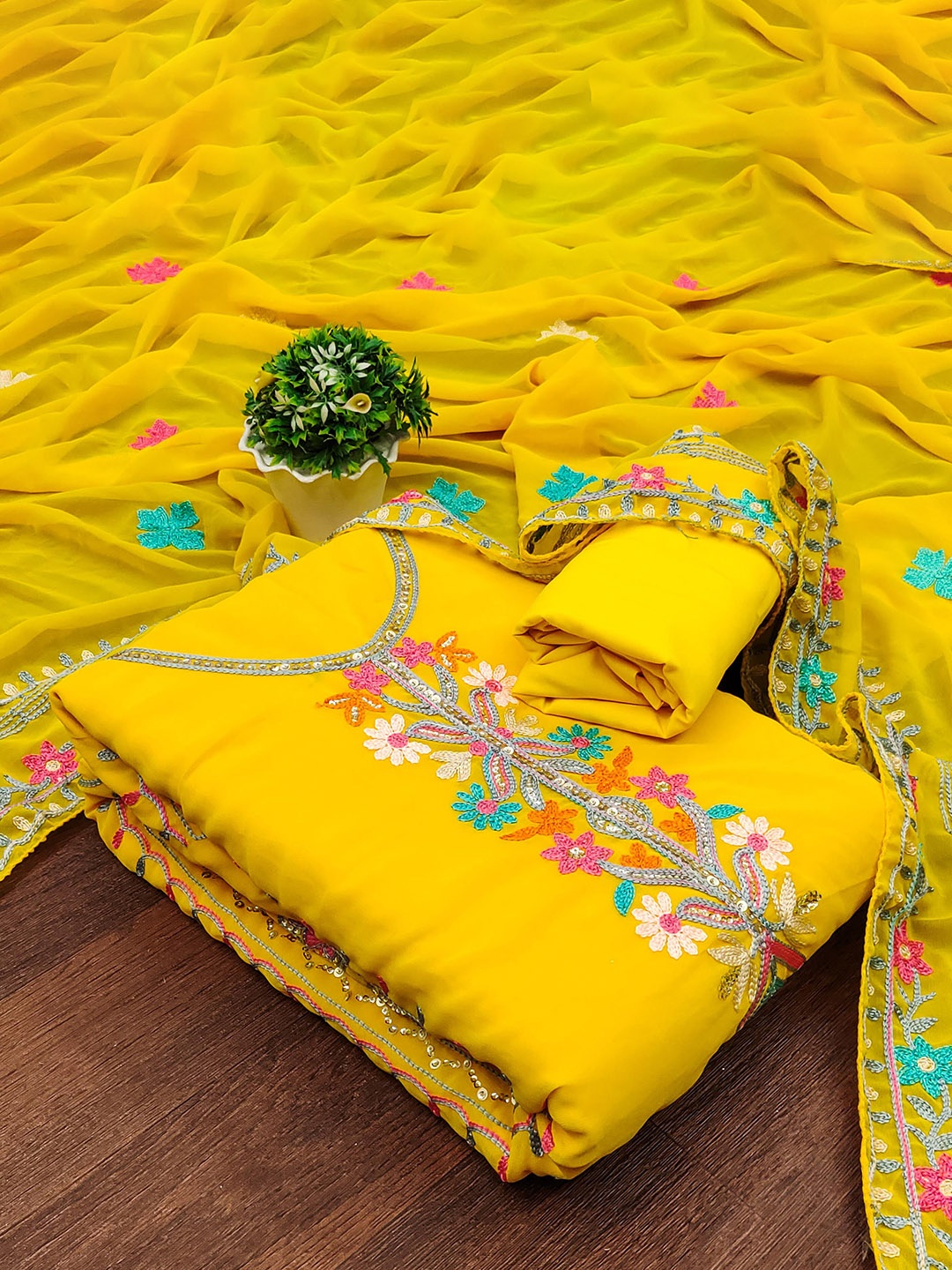 

SHADOW & SAINING Embroidered Silk Georgette Unstitched Dress Material, Yellow