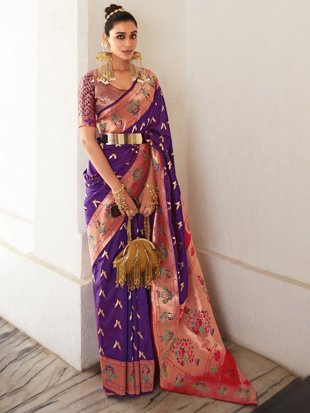 

MAHALASA Woven Design Zari Pure Silk Paithani Saree, Purple