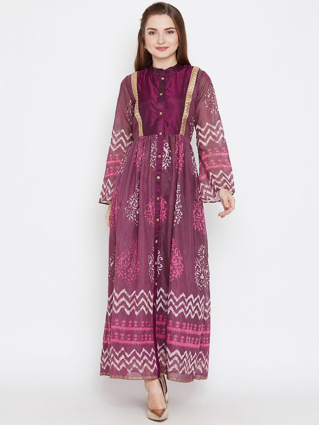 

Dillen Women Tribal Printed Bell Sleeves Block Print Chanderi Silk Kurta, Purple