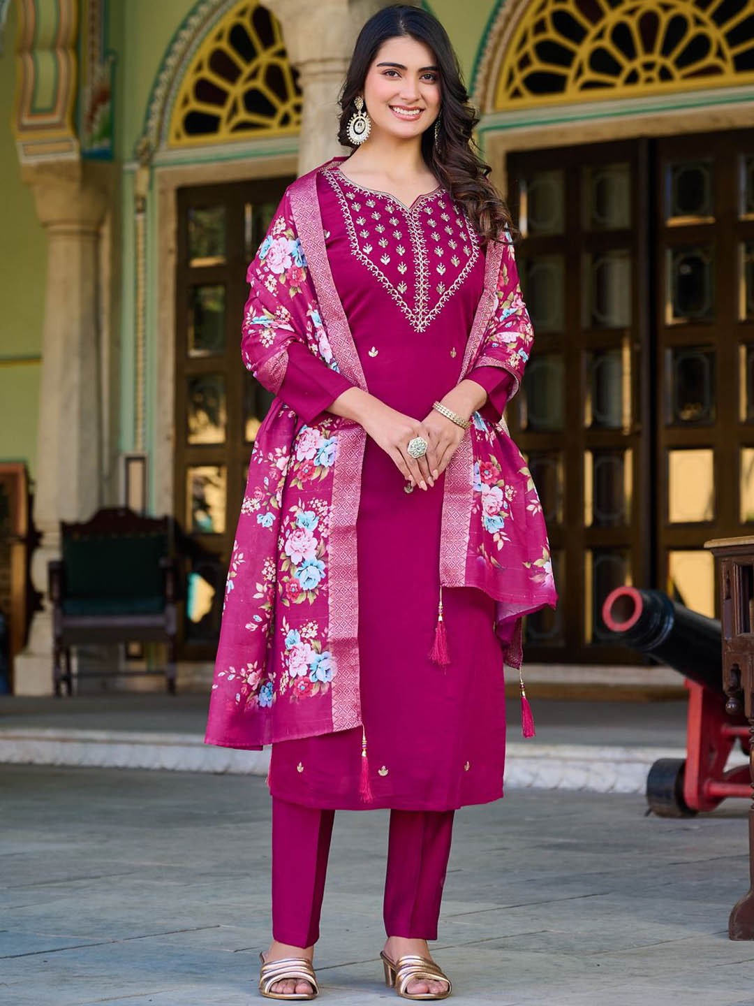 

Fab Dadu Women Floral Embroidered Regular Raw Silk Kurta with Trousers & With Dupatta, Magenta
