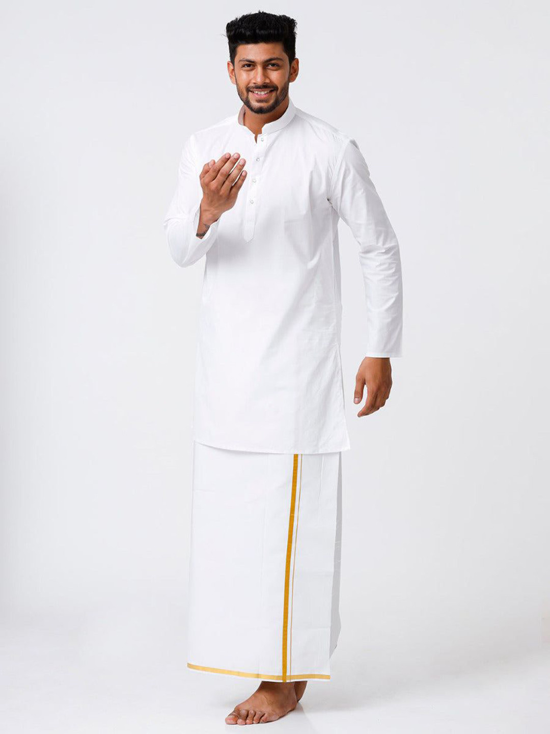 

RAMRAJ COTTON Men Full Sleeves Medium Kurta With Gold Zari Border Dhoti, White