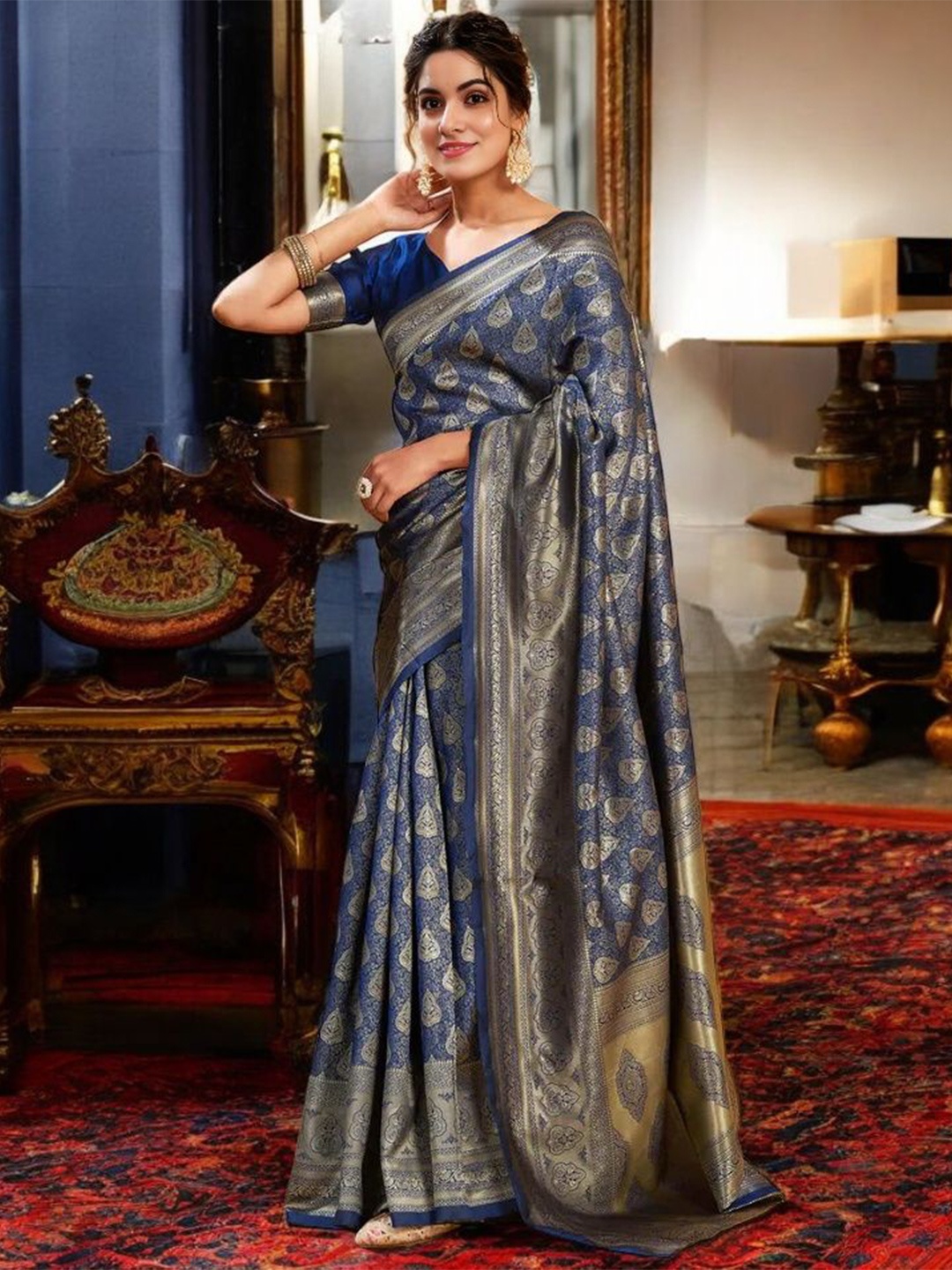 

KALINI Woven Design Zari Silk Blend Banarasi Saree, Navy blue