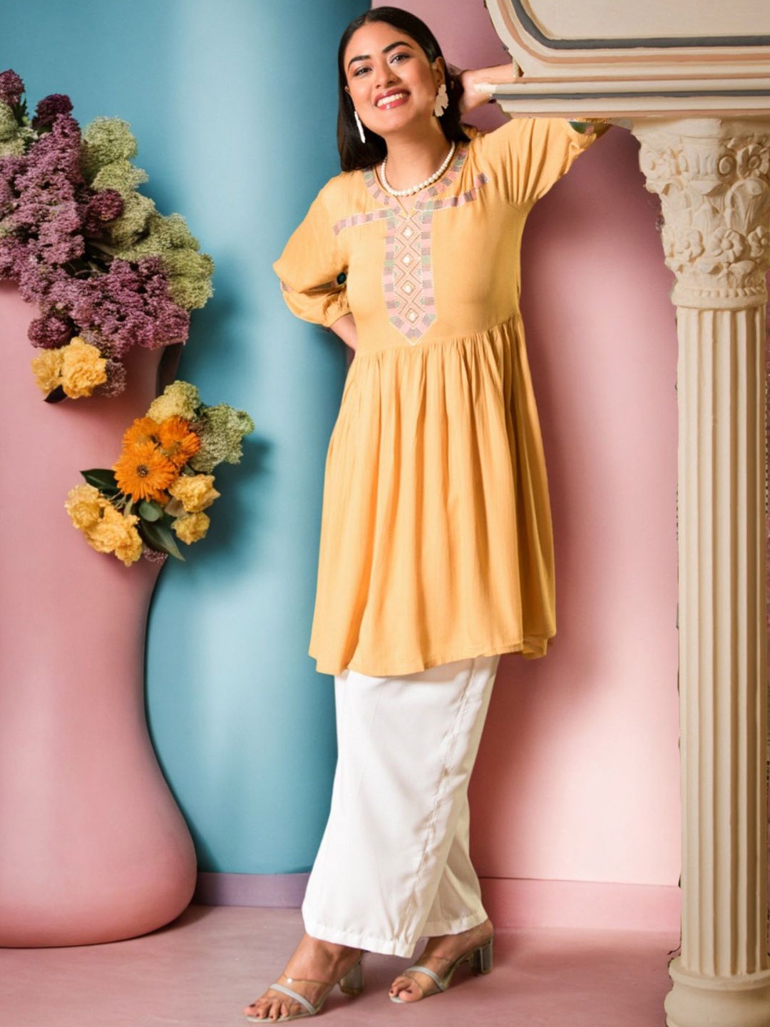 

SAHASIKA Women Ethnic Motifs Embroidered Pleated Thread Work Kurta with Palazzos, Mustard